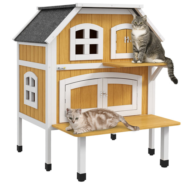 PawHut Casa para Gatos de Madeira 78x82x93 cm Casota para Gatos de 2 Níveis Abrigo para Gatos com Telhado Asfáltico Terraço e Plataforma de Salto Natural