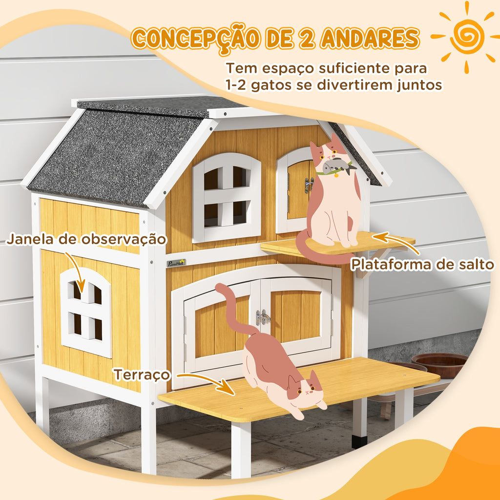 PawHut Casa para Gatos de Madeira 78x82x93 cm Casota para Gatos de 2 Níveis Abrigo para Gatos com Telhado Asfáltico Terraço e Plataforma de Salto Natural