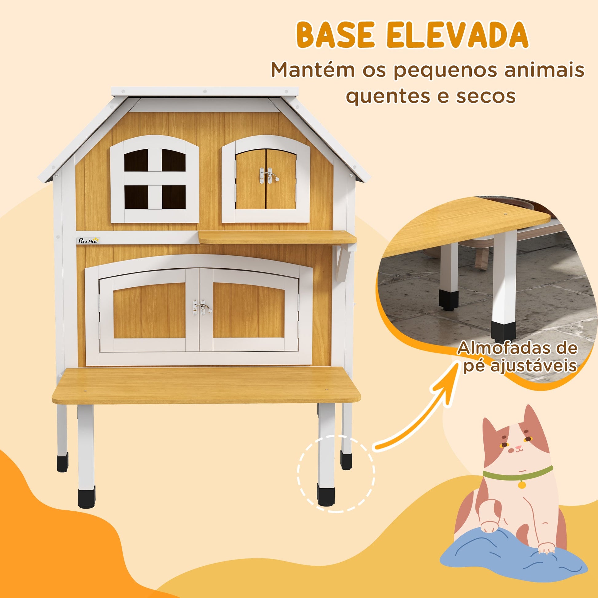 PawHut Casa para Gatos de Madeira 78x82x93 cm Casota para Gatos de 2 Níveis Abrigo para Gatos com Telhado Asfáltico Terraço e Plataforma de Salto Natural