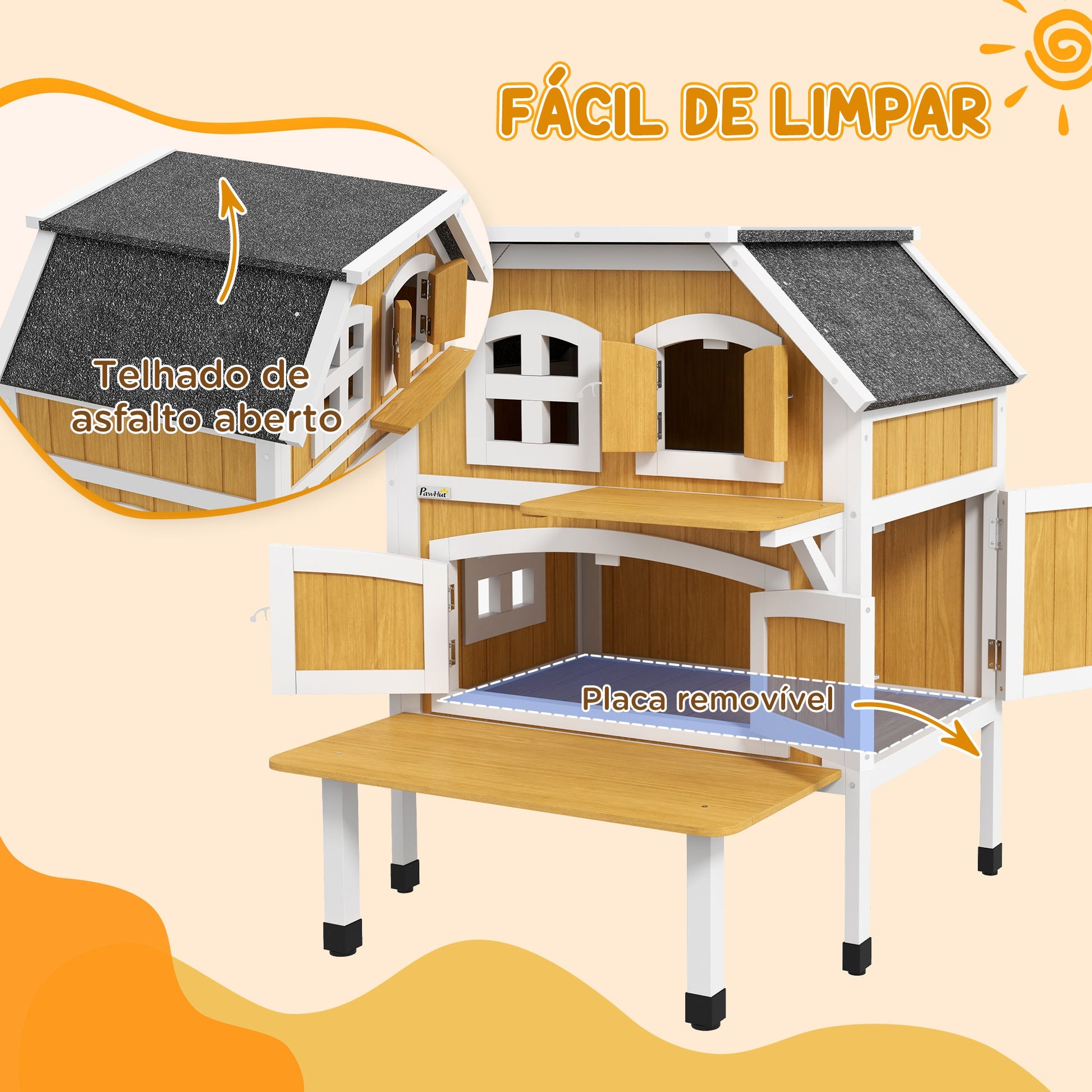 PawHut Casa para Gatos de Madeira 78x82x93 cm Casota para Gatos de 2 Níveis Abrigo para Gatos com Telhado Asfáltico Terraço e Plataforma de Salto Natural
