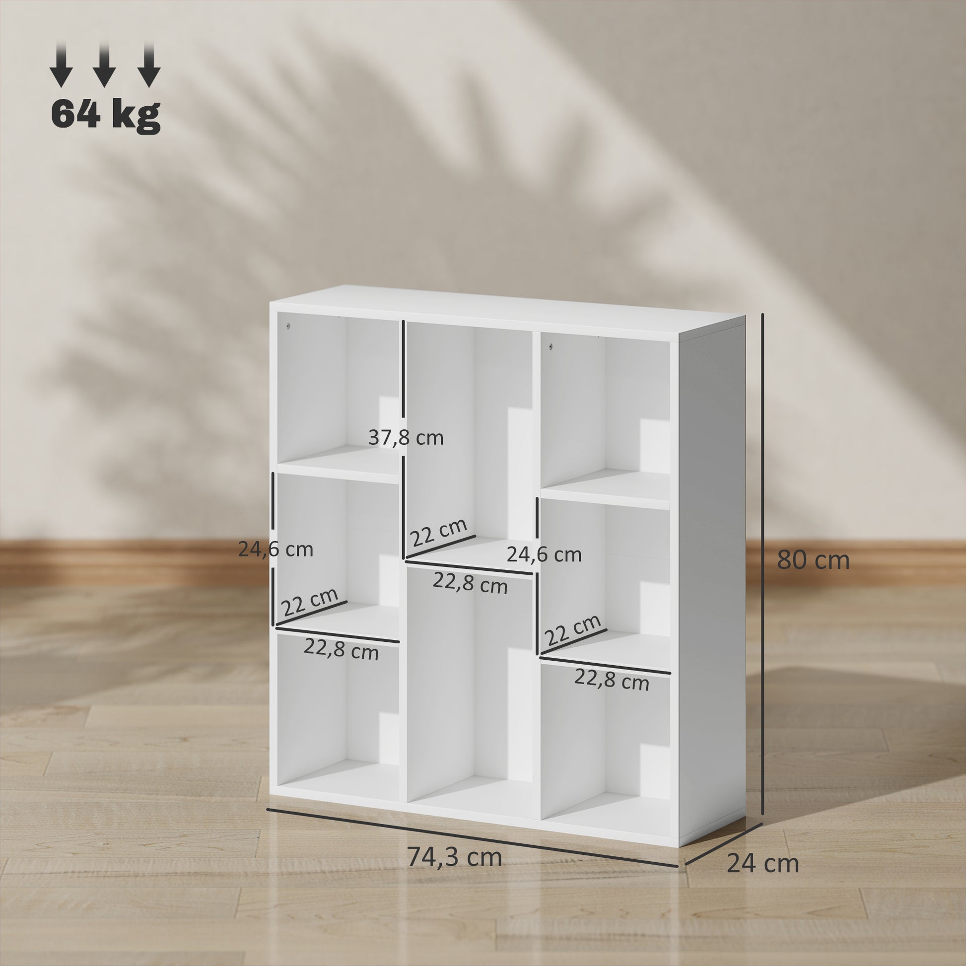 Estante de 3 Níveis Estante para Livros com 8 Compartimentos Desenho Vertical ou Horizontal para Sala de Estar Escritório Dormitório 74,3x24x80 cm Branco