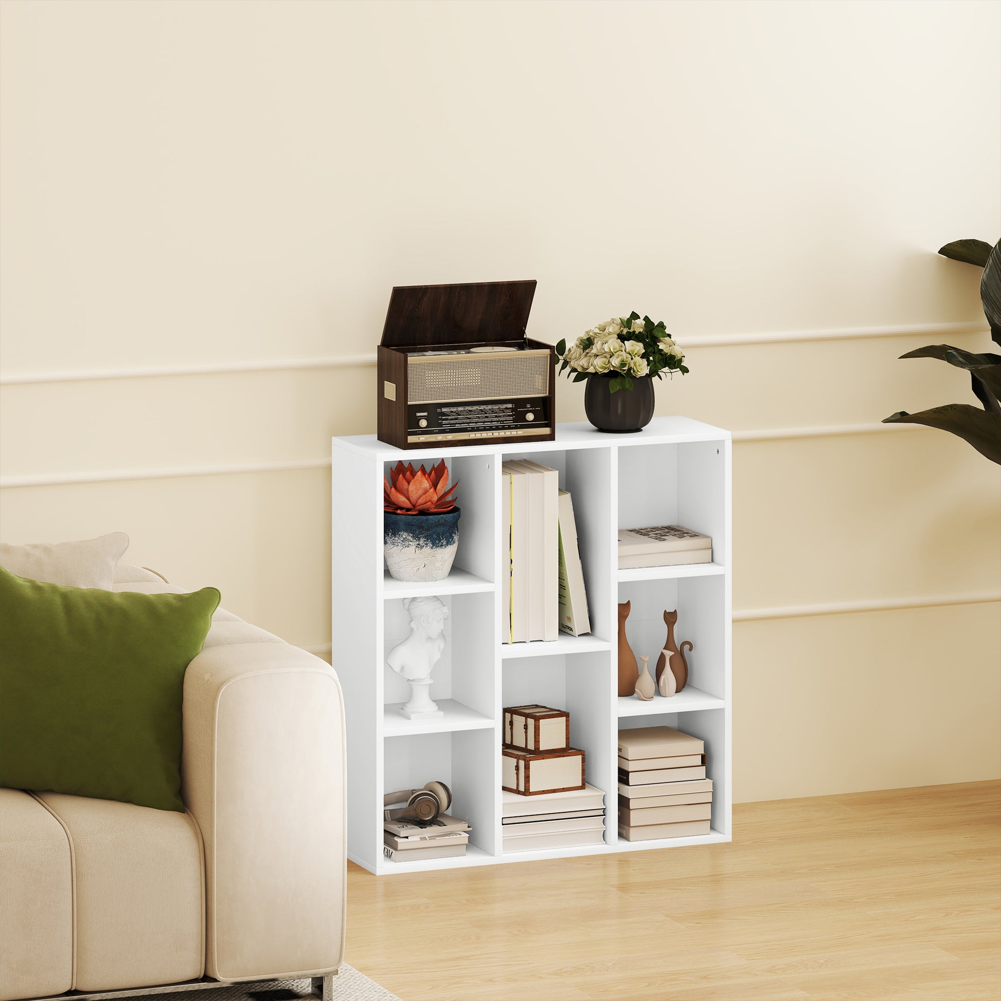 Estante de 3 Níveis Estante para Livros com 8 Compartimentos Desenho Vertical ou Horizontal para Sala de Estar Escritório Dormitório 74,3x24x80 cm Branco
