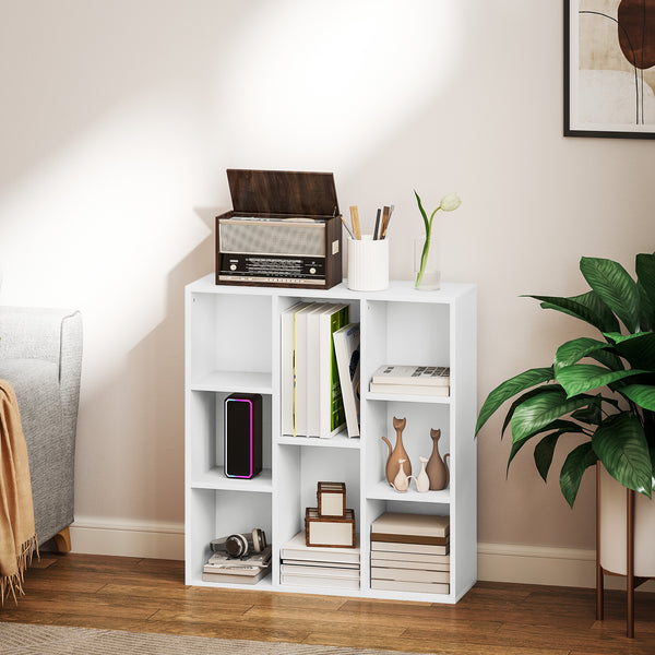 Estante de 3 Níveis Estante para Livros com 8 Compartimentos Desenho Vertical ou Horizontal para Sala de Estar Escritório Dormitório 74,3x24x80 cm Branco