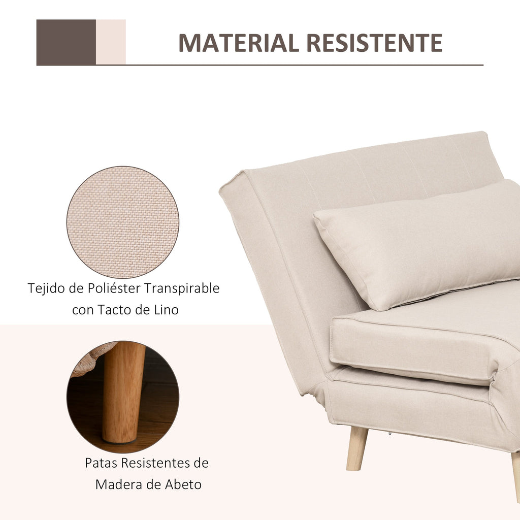 Poltrona 3 em 1 Sofá Cama Individual Dobrável com Encosto Ajustável em 6 Posições e Almofada para Sala de Estar Dormitório Escritório Carga 350 kg 94x78x80 cm Bege Claro