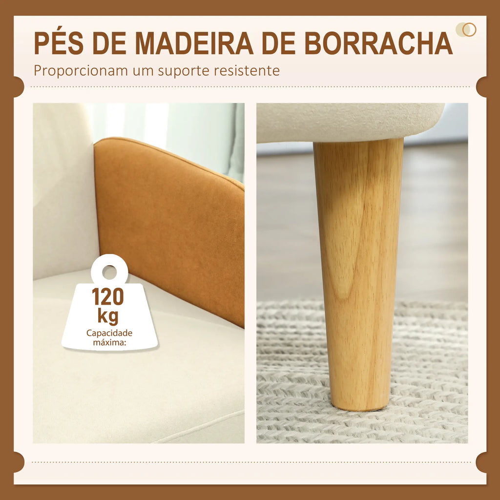 Poltrona Sala de Estar Poltrona Nórdica Poltrona para Dormitório com Apoio para os Braços e Pés de Madeira Sofá Individual Carga 120 kg 72x87x82 cm Bege e Ocre