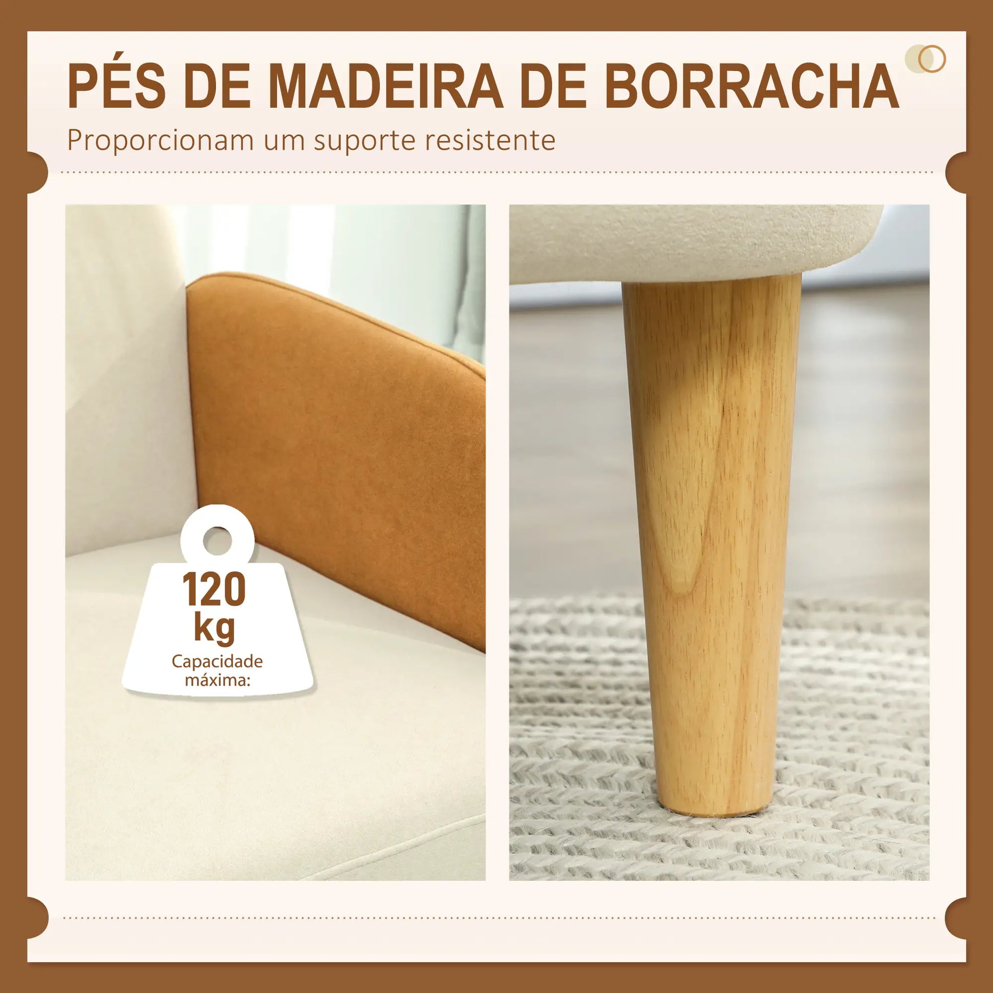 Poltrona Sala de Estar Poltrona Nórdica Poltrona para Dormitório com Apoio para os Braços e Pés de Madeira Sofá Individual Carga 120 kg 72x87x82 cm Bege e Ocre