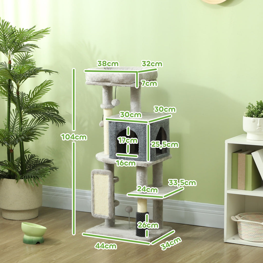 PawHut Arranhador para Gatos Grande Altura 104 cm Arranhador para Gatos com Plataformas Postes com Escova Bolas Suspensas e Almofadas para Arranhar Cinza