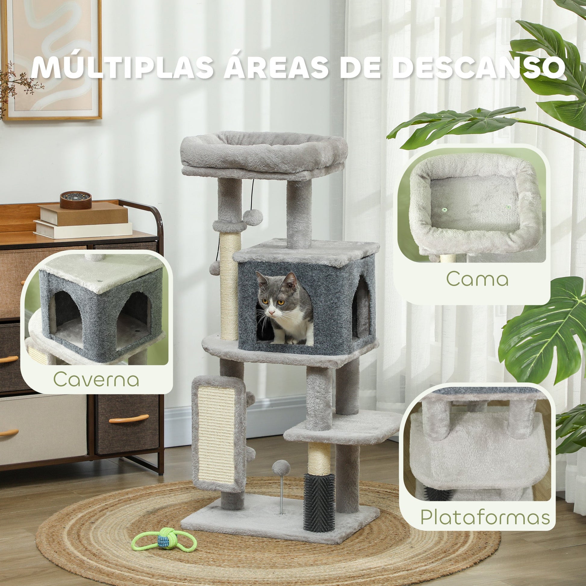 PawHut Arranhador para Gatos Grande Altura 104 cm Arranhador para Gatos com Plataformas Postes com Escova Bolas Suspensas e Almofadas para Arranhar Cinza
