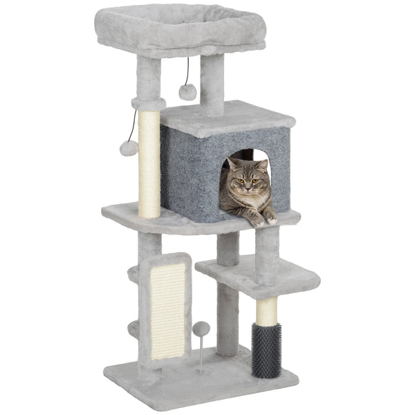 PawHut Arranhador para Gatos Grande Altura 104 cm Arranhador para Gatos com Plataformas Postes com Escova Bolas Suspensas e Almofadas para Arranhar Cinza