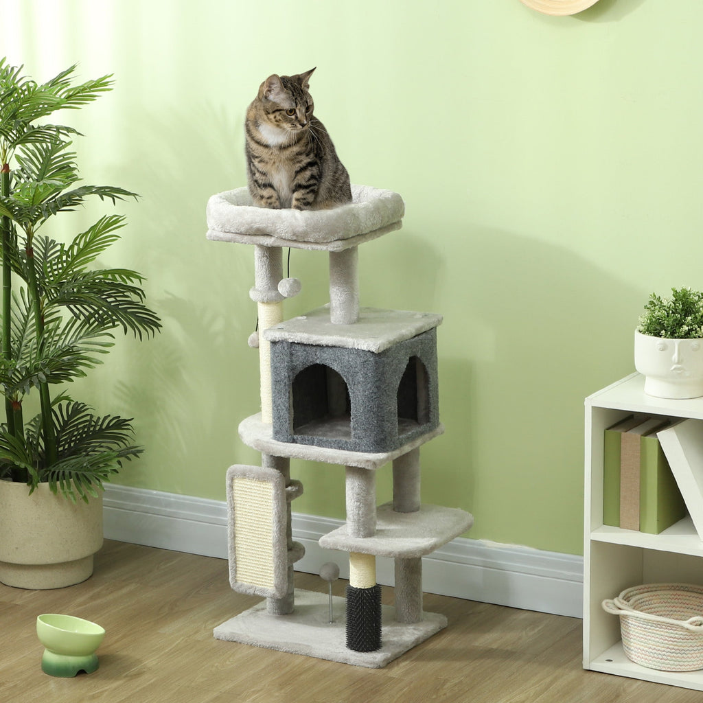 PawHut Arranhador para Gatos Grande Altura 104 cm Arranhador para Gatos com Plataformas Postes com Escova Bolas Suspensas e Almofadas para Arranhar Cinza