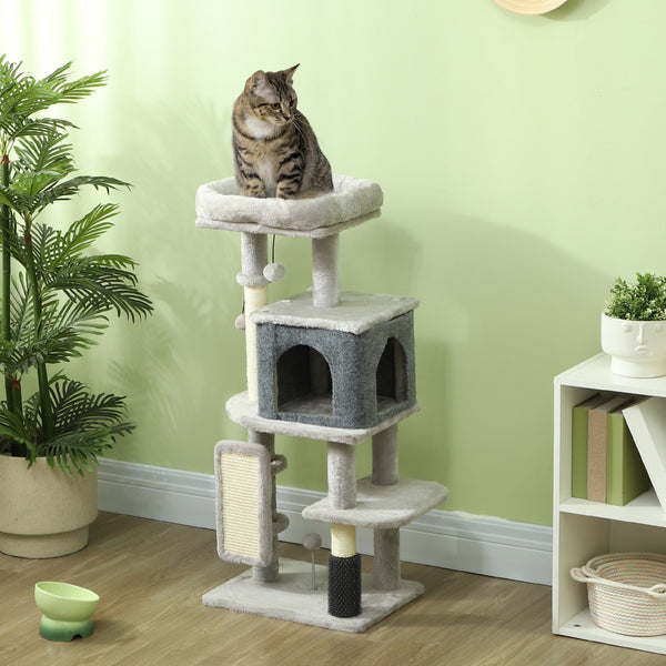 PawHut Arranhador para Gatos Grande Altura 104 cm Arranhador para Gatos com Plataformas Postes com Escova Bolas Suspensas e Almofadas para Arranhar Cinza