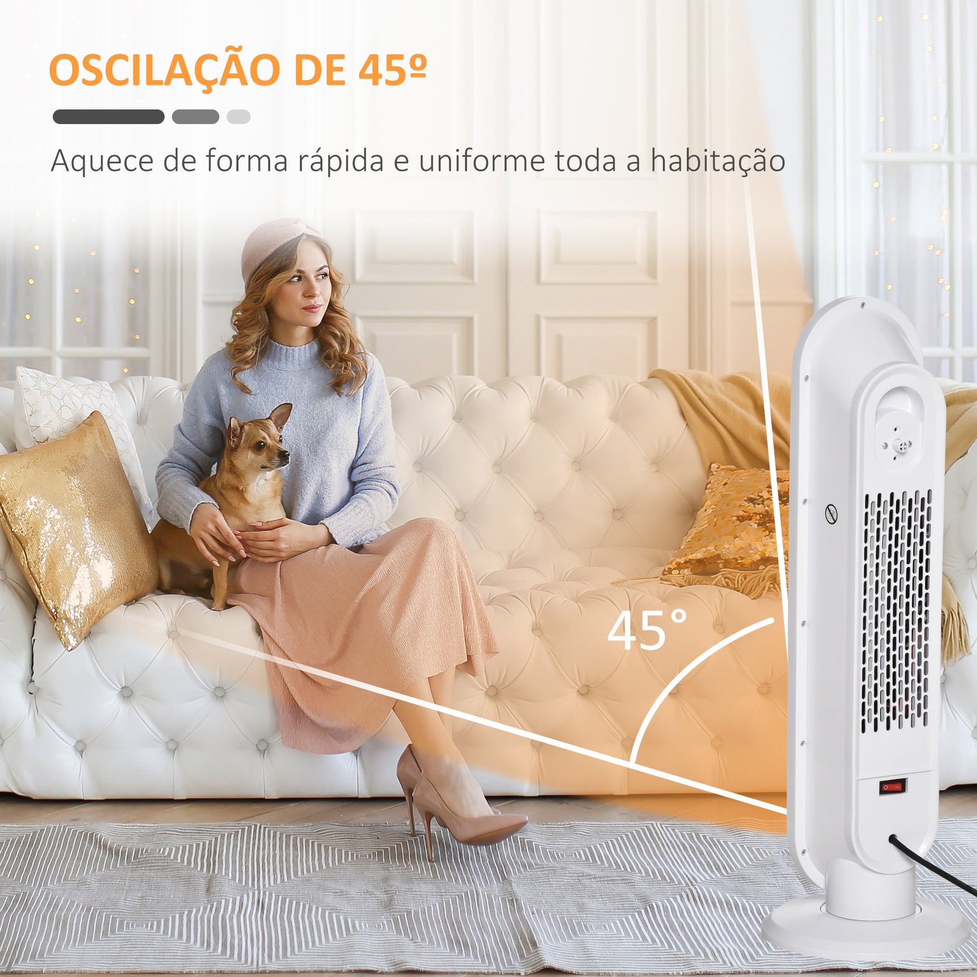 Aquecedor Cerâmico de Torre 1200W/2000W com Controle Remoto Termostato Temporizador de 24h e Sistema Anti-Rolamento para Sala de 20m² 21x21x63,5cm Branco e Preto