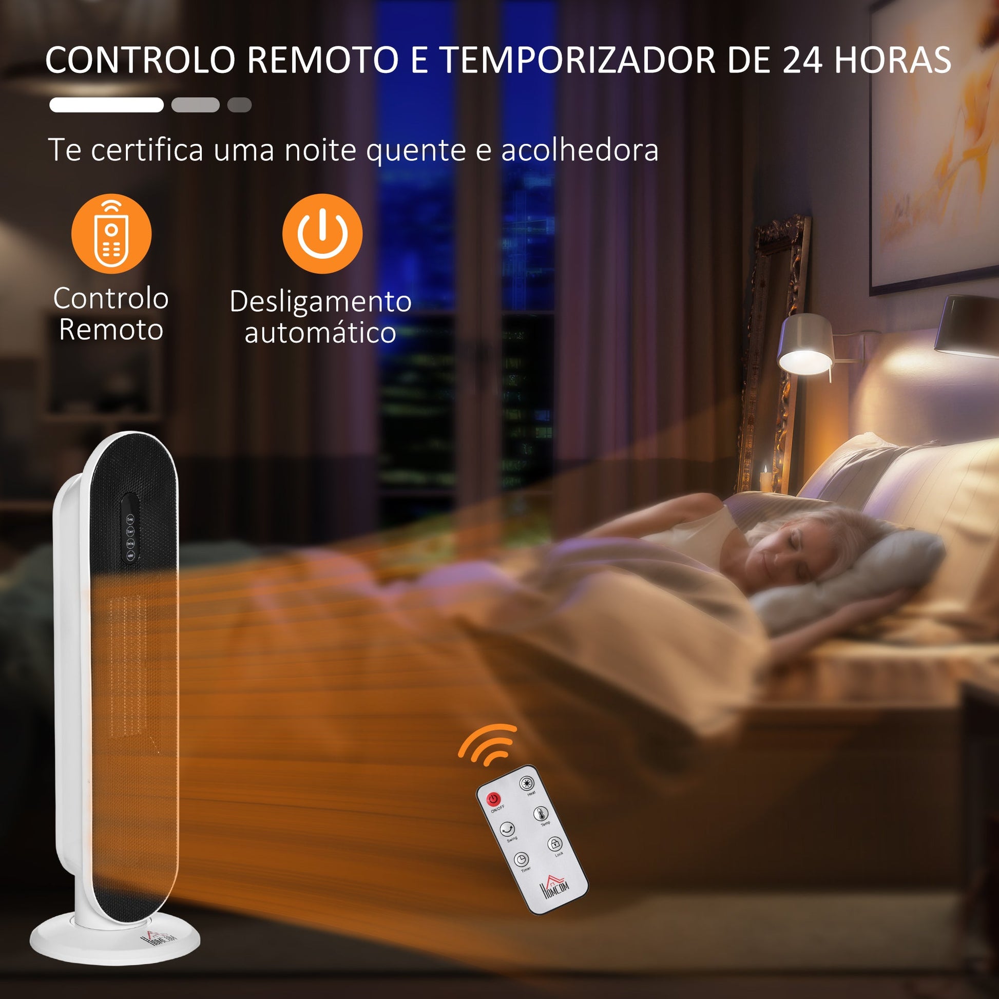 Aquecedor Cerâmico de Torre 1200W/2000W com Controle Remoto Termostato Temporizador de 24h e Sistema Anti-Rolamento para Sala de 20m² 21x21x63,5cm Branco e Preto