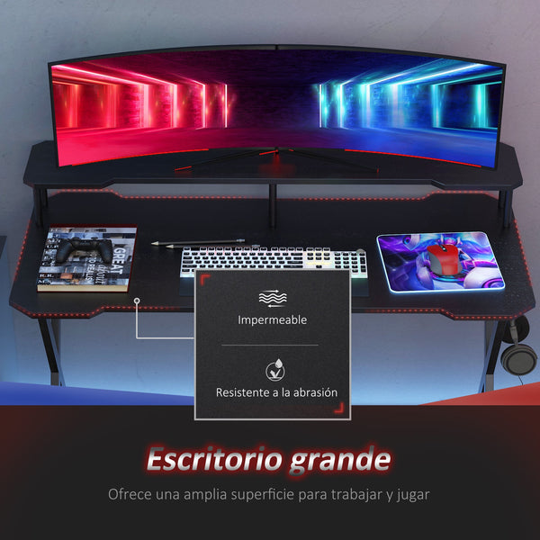 Mesa gaming para jogos secretária com suporte para monitor e fones de ouvido 140x60x90 cm Preto