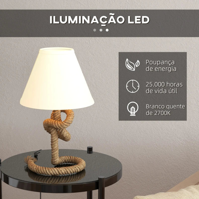 Candeeiro de Mesa LED Candeeiro de Mesa de Cabeceira com Base de Metal Corda de Linho e Ecrã de Tecido Suporte para Lâmpada E27 Máx. 40W Luzes Branco Quente para Dormitório Ø28x45,5 cm Marrom e Bege