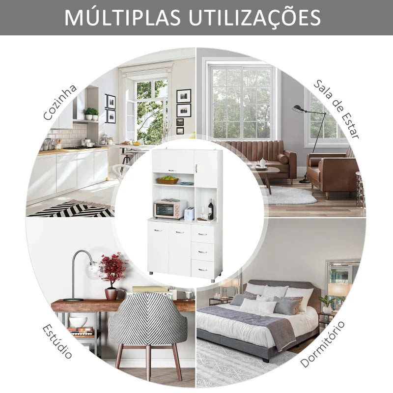 Armário de Cozinha Armário Alto com 3 Gavetas 4 Portas Prateleiras Interiores Ajustáveis e Pés Elevados Móvel Auxiliar para Sala de Jantar Sala de Estar 100x39,5x183,5cm Branco