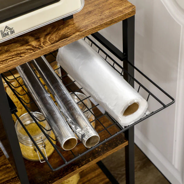 Estante de Cozinha Estante para Micro-Ondas Móvel Auxiliar de Cozinha com Ficha 2 Carregadores USB Prateleira Ajustável 5 Gancho em S e Cesta Amovível 90x42x130 cm Marrom Rústico