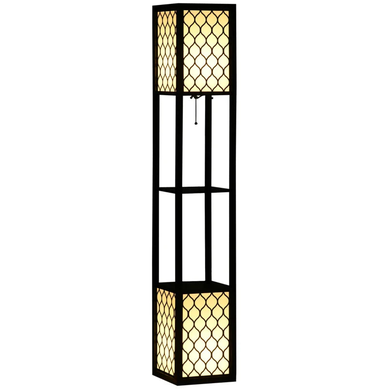 Candeeiro de Pé de Madeira Candeeiro de Pé com Estantes Lâmpada E27 Máx. 40W com Interruptor para Sala de Estar Dormitório Escritório 26x26x156cm Preto e Branco