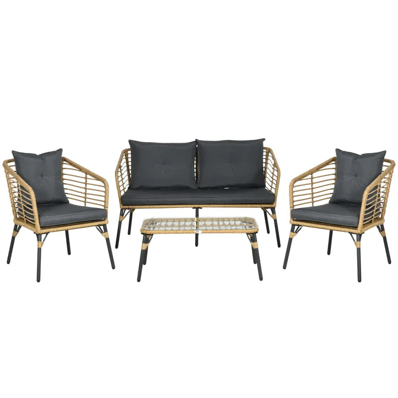 Conjunto de Móveis de Vime para 4 Pessoas Móveis de Jardim de 4 Peças com Sofá de 2 Lugares 2 Poltronas Mesa de Centro e 4 Almofadas para Varanda Pátio Marrom Claro e Cinza Escuro