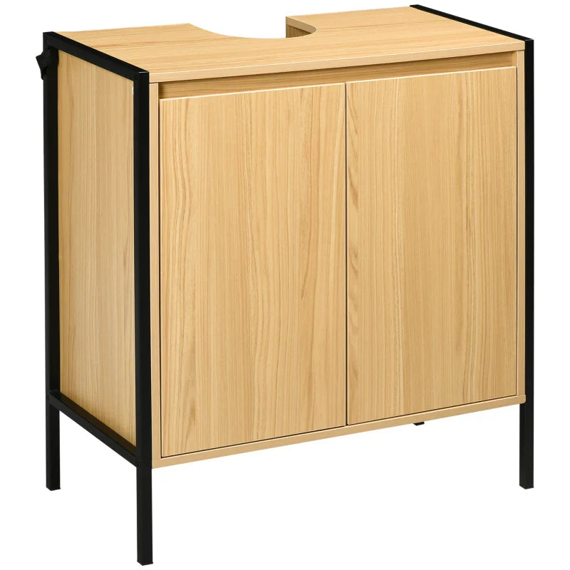 Móvel para Lavatório Pousar Armário Casa de Banho de Madeira com 2 Portas e Prateleira Interior Ajustável Estilo Industrial Anti-Tombo 60x30x62,5cm Madeira e Preto