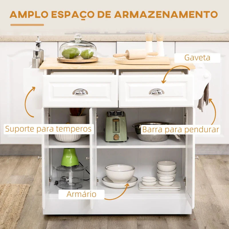 Carrinho de Cozinha Ilha de Cozinha com Rodas Móvel Multifuncional com 2 Gavetas 3 Armários Suporte para Panos e para Temperos para Sala de Jantar 110x45x89cm Branco