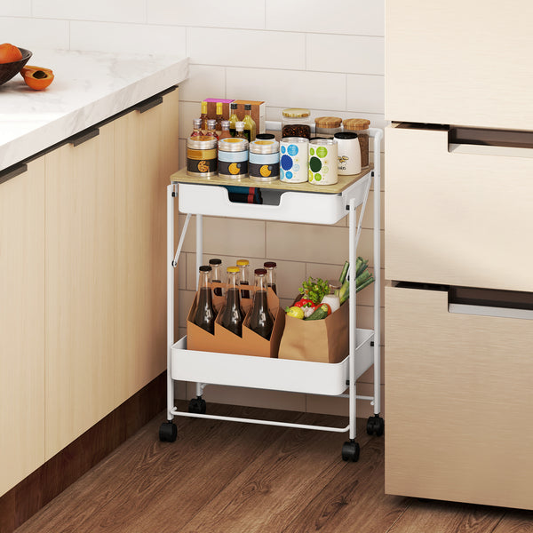 Carrinho Auxiliar com Rodas de 2 Níveis Carrinho de Cozinha com 1 Gaveta e 1 Cesto Carrinho Organizador para Dormitorio Sala Escritório 45x29,5x68 cm Branco
