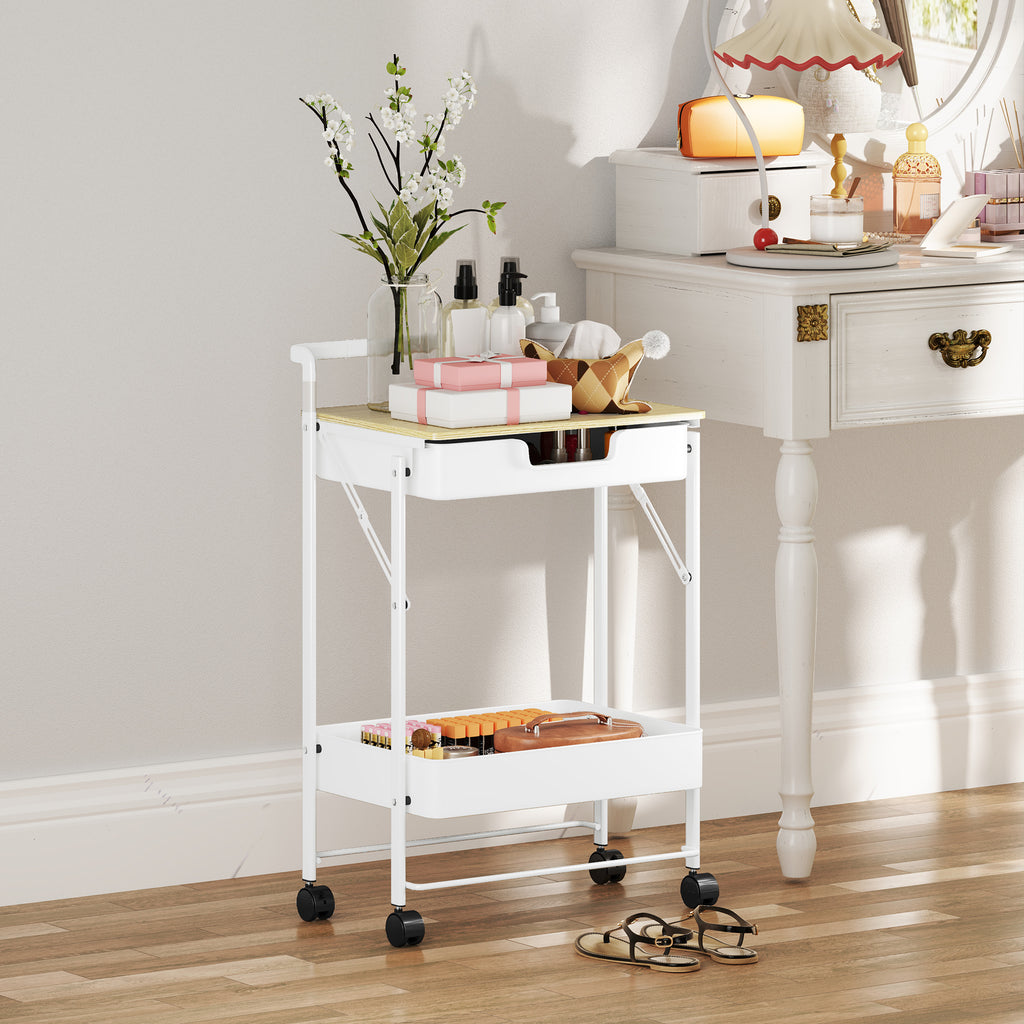 Carrinho Auxiliar com Rodas de 2 Níveis Carrinho de Cozinha com 1 Gaveta e 1 Cesto Carrinho Organizador para Dormitorio Sala Escritório 45x29,5x68 cm Branco