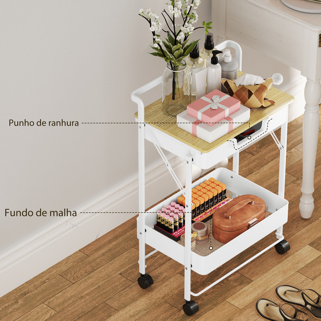 Carrinho Auxiliar com Rodas de 2 Níveis Carrinho de Cozinha com 1 Gaveta e 1 Cesto Carrinho Organizador para Dormitorio Sala Escritório 45x29,5x68 cm Branco