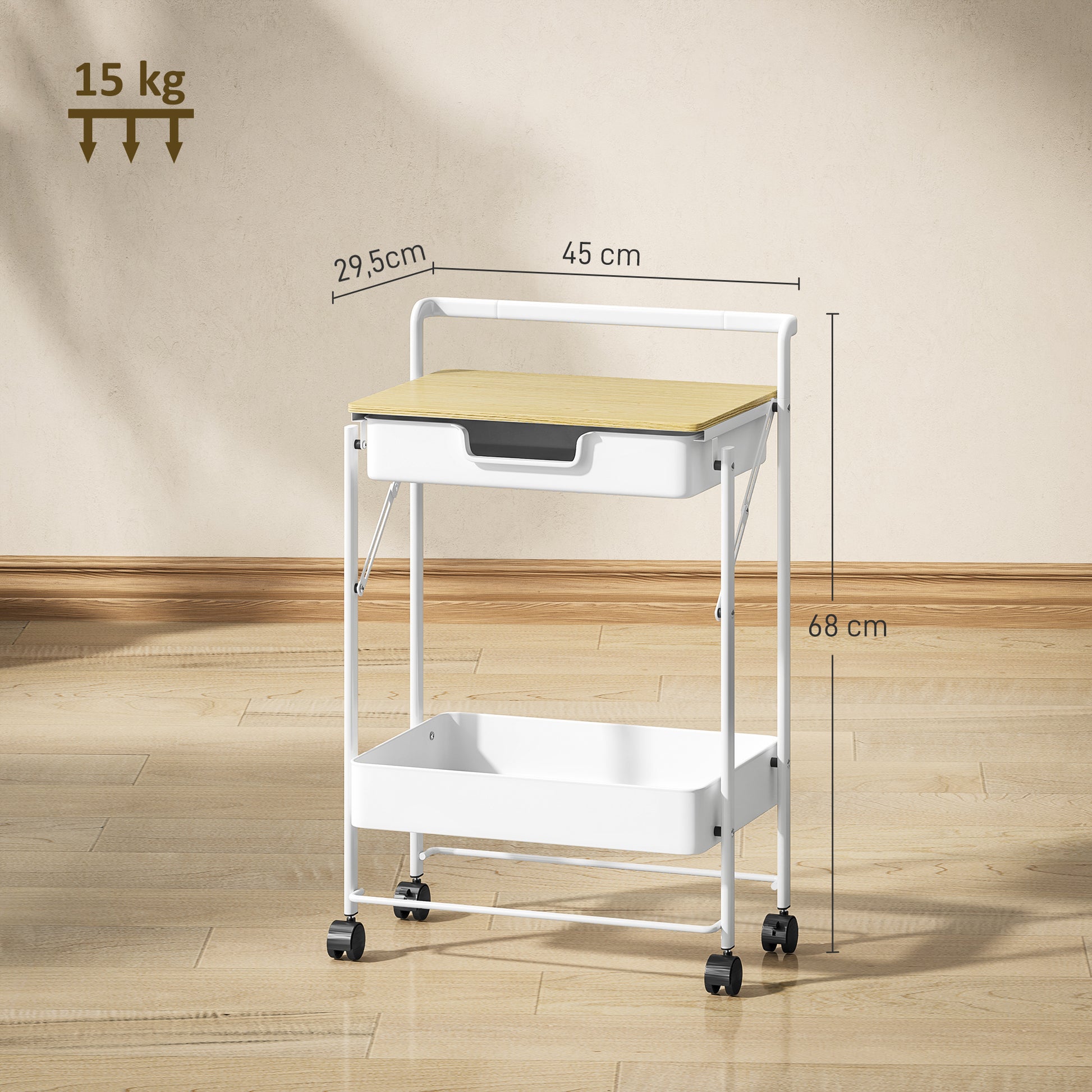 Carrinho Auxiliar com Rodas de 2 Níveis Carrinho de Cozinha com 1 Gaveta e 1 Cesto Carrinho Organizador para Dormitorio Sala Escritório 45x29,5x68 cm Branco