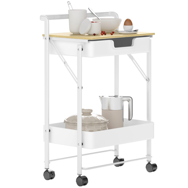 Carrinho Auxiliar com Rodas de 2 Níveis Carrinho de Cozinha com 1 Gaveta e 1 Cesto Carrinho Organizador para Dormitorio Sala Escritório 45x29,5x68 cm Branco