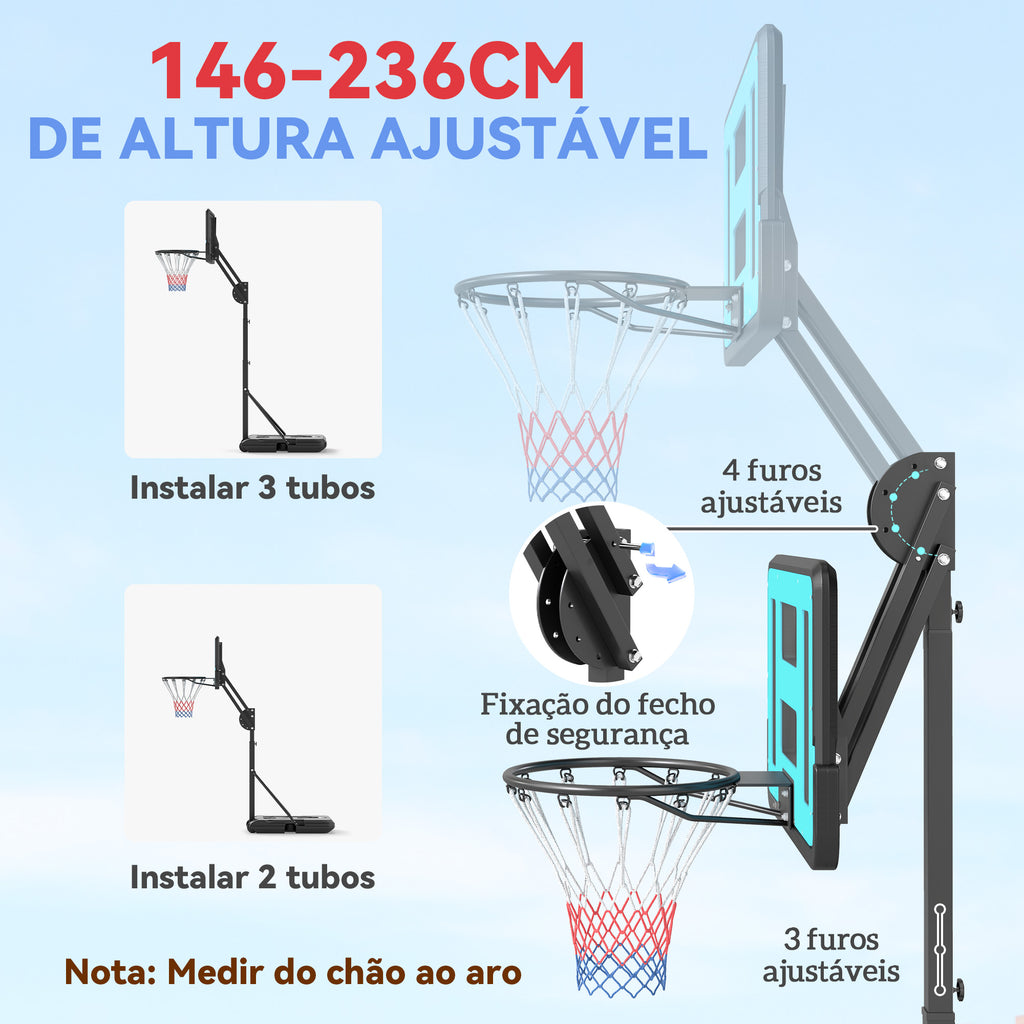 SPORTNOW Tabela de Basquetebol Ajustável de 146-236 cm Tabela de Basquetebol Portátil com Rodas e Base Preenchível com Água ou Areia Tabela Inquebrável Preto