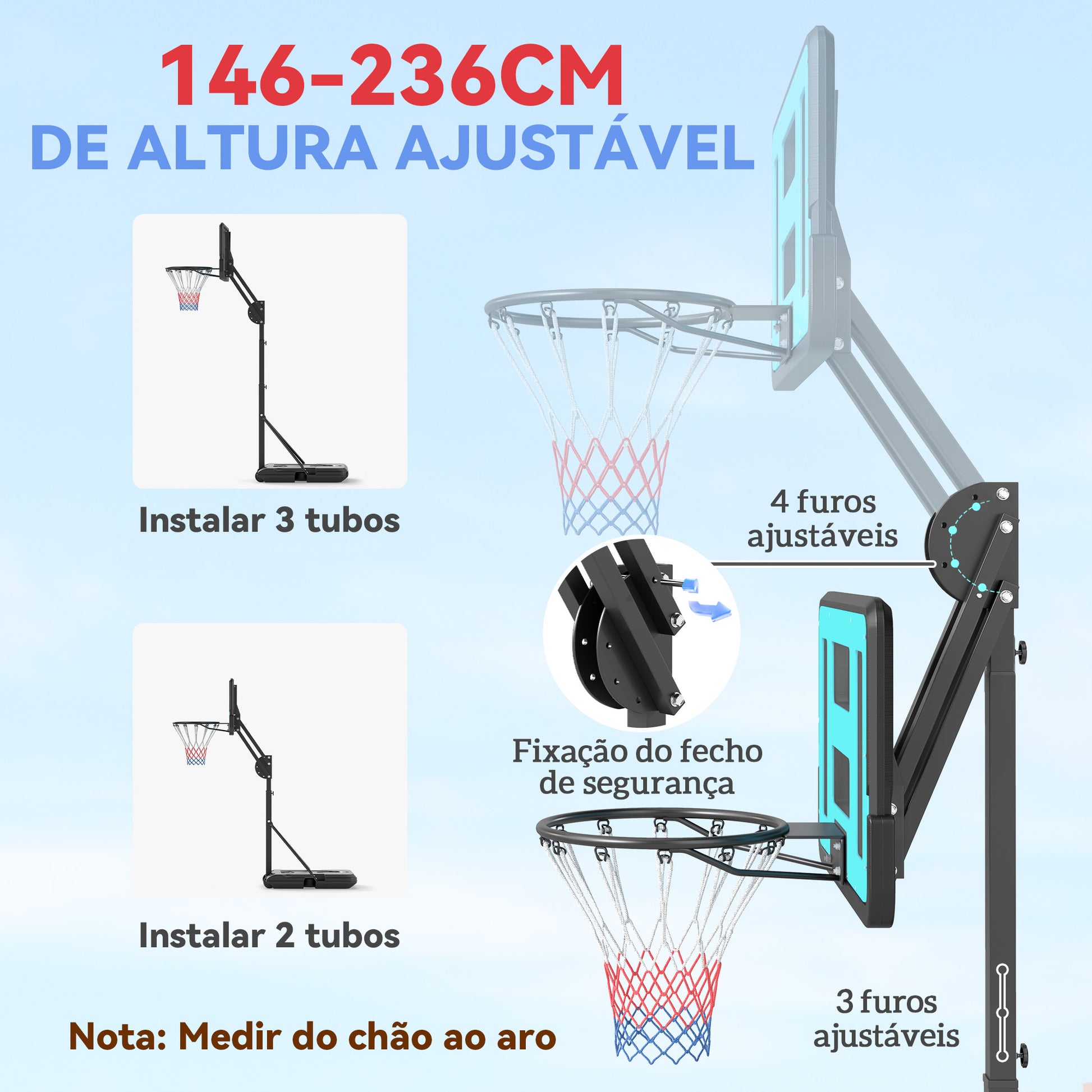 SPORTNOW Tabela de Basquetebol Ajustável de 146-236 cm Tabela de Basquetebol Portátil com Rodas e Base Preenchível com Água ou Areia Tabela Inquebrável Preto