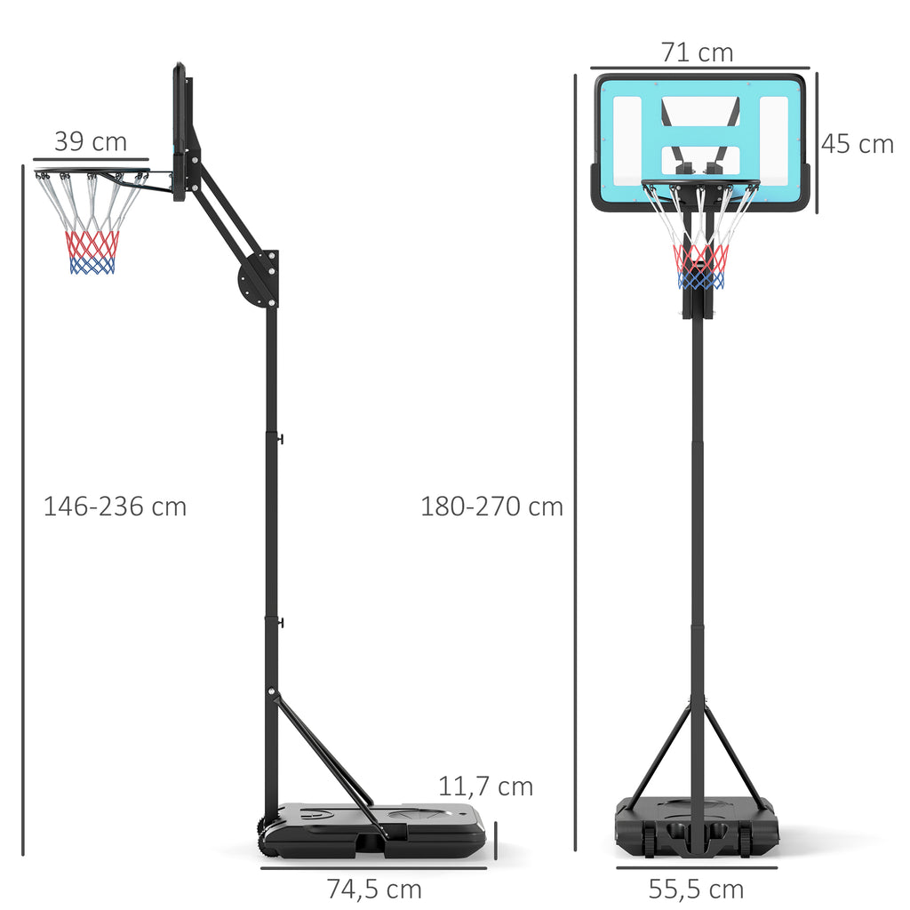 SPORTNOW Tabela de Basquetebol Ajustável de 146-236 cm Tabela de Basquetebol Portátil com Rodas e Base Preenchível com Água ou Areia Tabela Inquebrável Preto