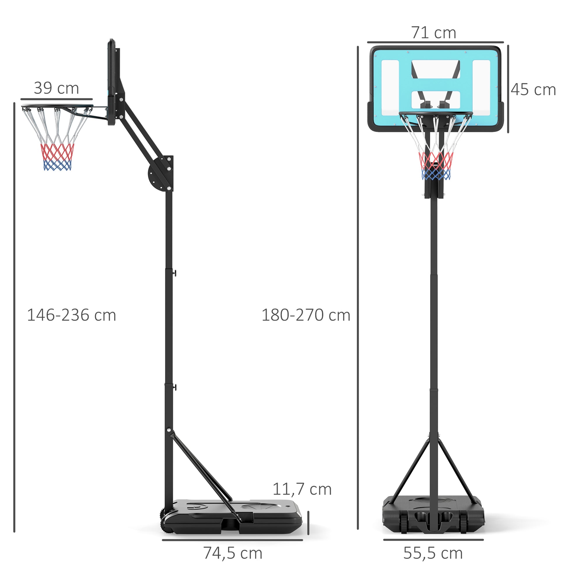 SPORTNOW Tabela de Basquetebol Ajustável de 146-236 cm Tabela de Basquetebol Portátil com Rodas e Base Preenchível com Água ou Areia Tabela Inquebrável Preto