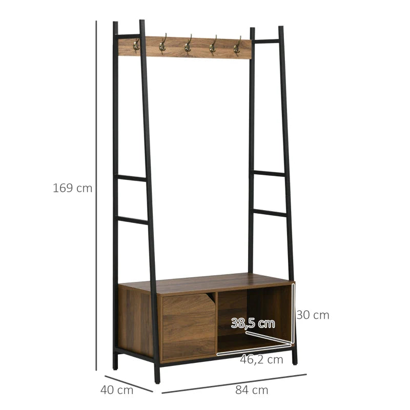 Móvel Cabide de Entrada com Sapateiro Móvel de Entrada com Banco 5 Ganchos Armário e Prateleira Aberta para Corredor Entrada 84x40x169cm Marrom Rústico