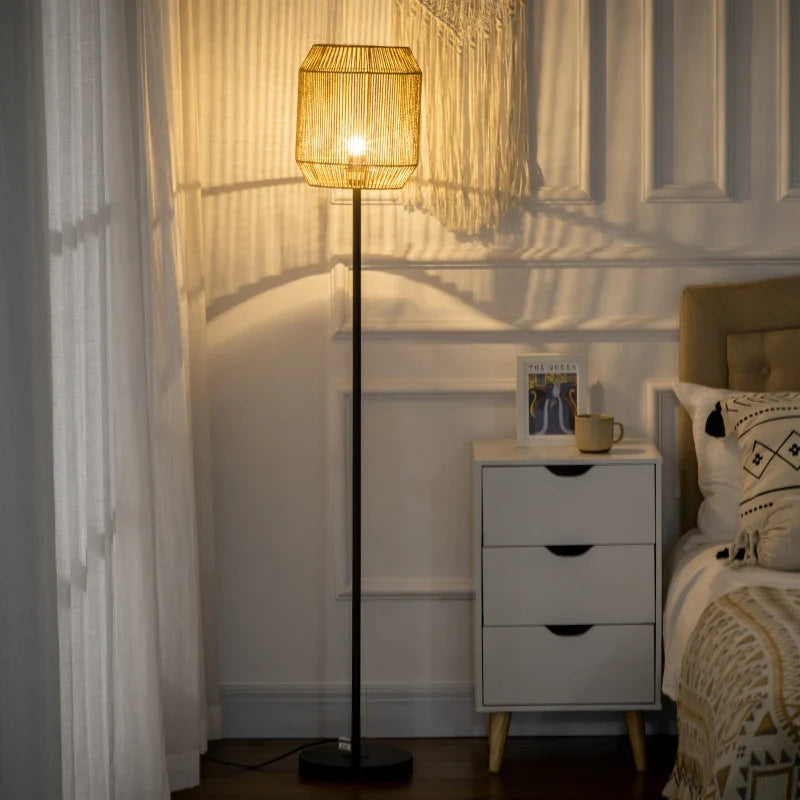 Candeeiro de Pé para Sala de Estar Lâmpada E27 Máx. 40W Candeeiro de Pé com Ecrã de Corda de Papel e Interruptor de Pé para Cozinha Dormitório Ø26x158cm Natural e Preto