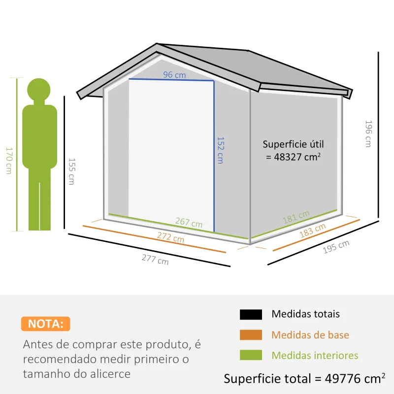 Abrigo de Jardim Exterior 4,83m² 277x195x192cm Abrigo e Jardim Metálico para Armazenamento de Ferramentas com Base de Reforço Incluída e 4 Janelas Cinza