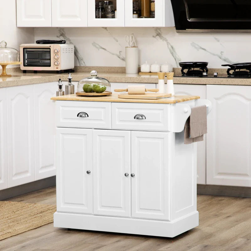 Carrinho de Cozinha Ilha de Cozinha com Rodas Móvel Multifuncional com 2 Gavetas 3 Armários Suporte para Panos e para Temperos para Sala de Jantar 110x45x89cm Branco