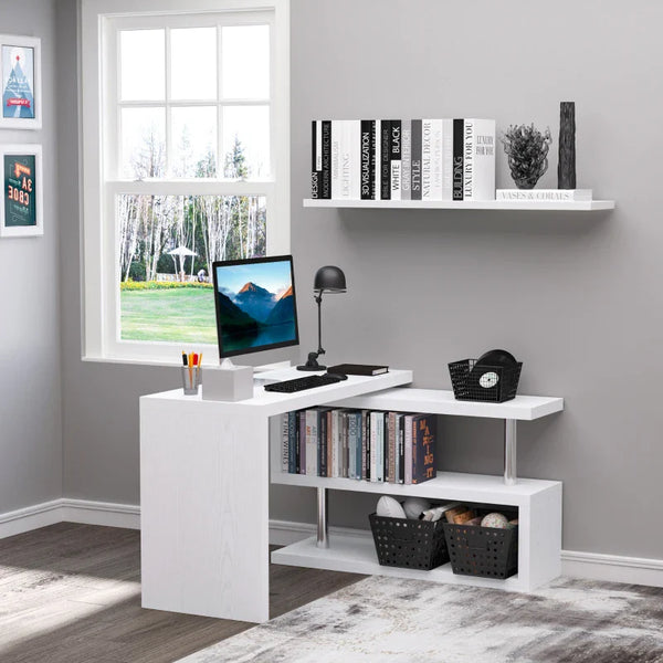 Secretária de Canto Giratória 360º Secretária em Forma de L com Prateleiras para Escritório Casa 114x120x76,1cm Branco