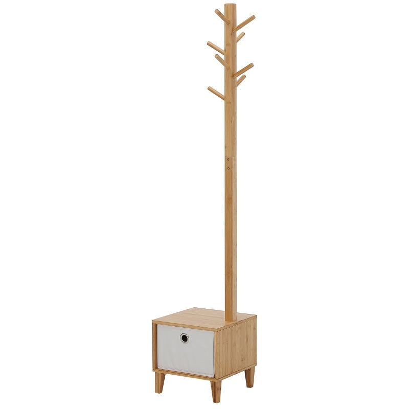 Cabide de Pé de Bambu com Banco Gaveta de Tecido e 8 Ganchos para Pendurar Roupa Bolsas Casacos para Entrada Sala de Estar Corredor 35x35x177cm Natural