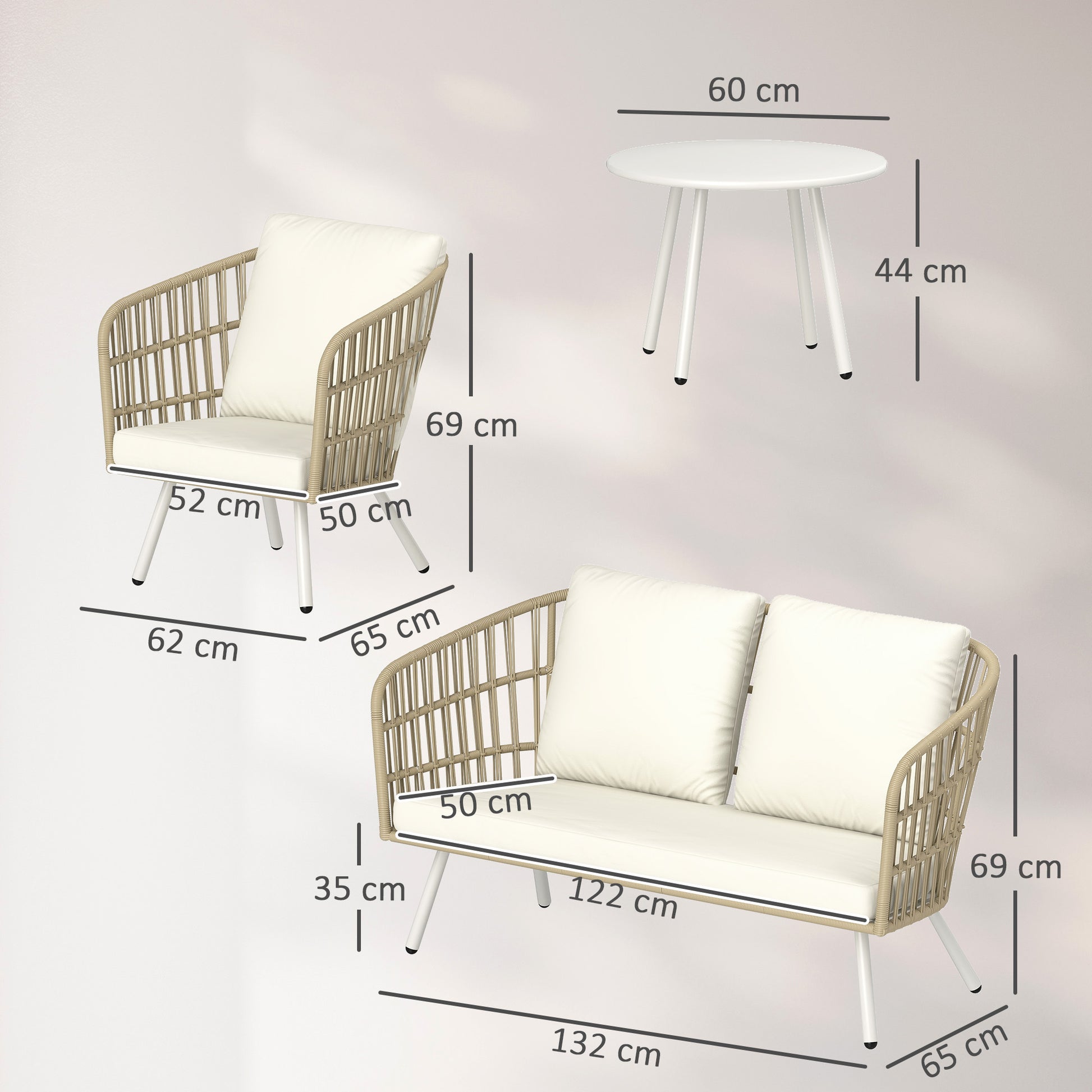 Conjunto de Jardim em Vime Sintético de 4 Peças Móveis de Exterior com Sofá de 2 Lugares 2 Poltronas 1 Mesa de Centro de Metal com Almofadas Creme e Madeira