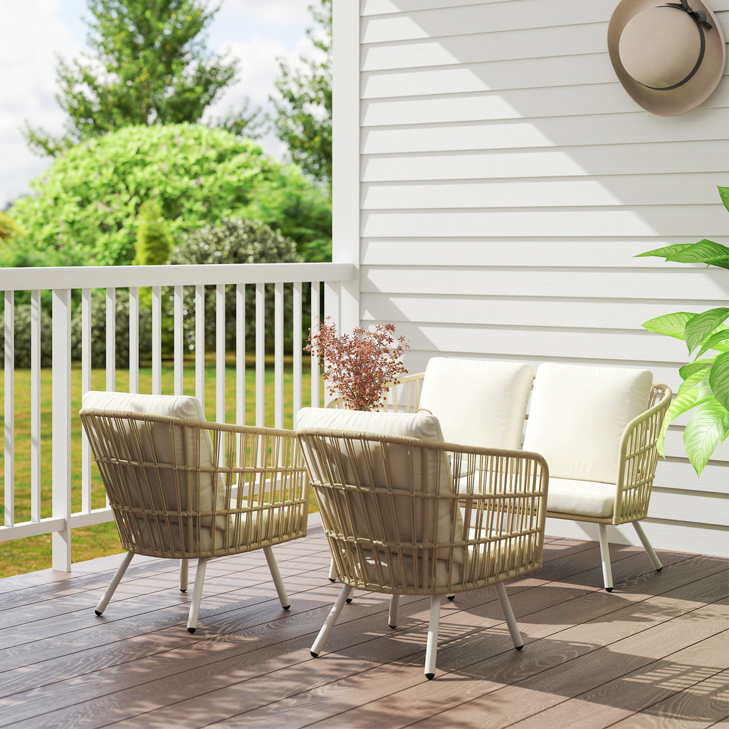 Conjunto de Jardim em Vime Sintético de 4 Peças Móveis de Exterior com Sofá de 2 Lugares 2 Poltronas 1 Mesa de Centro de Metal com Almofadas Creme e Madeira