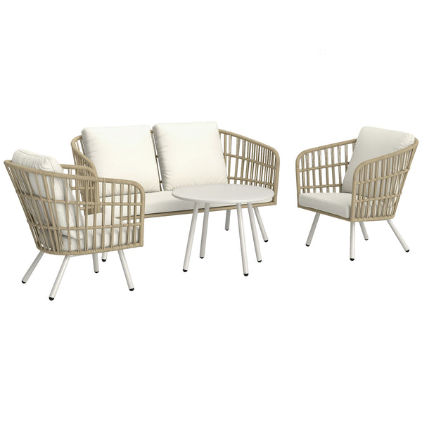 Conjunto de Jardim em Vime Sintético de 4 Peças Móveis de Exterior com Sofá de 2 Lugares 2 Poltronas 1 Mesa de Centro de Metal com Almofadas Creme e Madeira