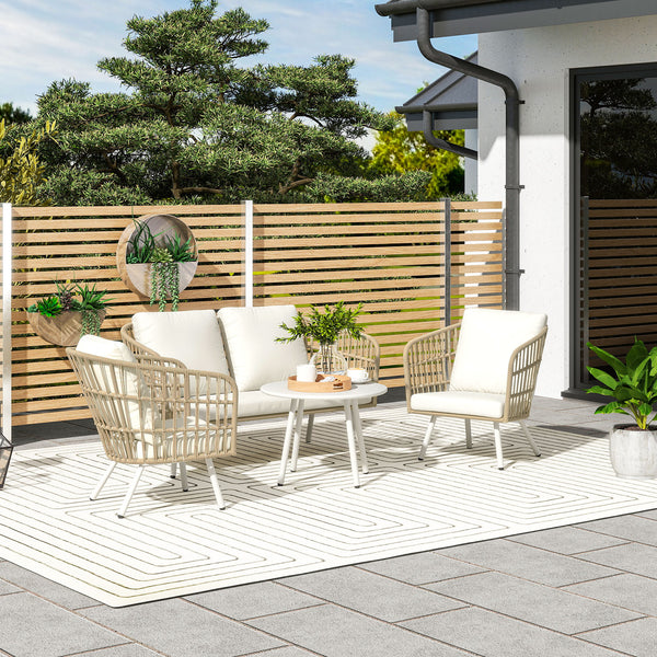 Conjunto de Jardim em Vime Sintético de 4 Peças Móveis de Exterior com Sofá de 2 Lugares 2 Poltronas 1 Mesa de Centro de Metal com Almofadas Creme e Madeira