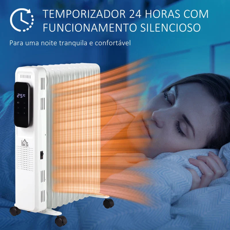 Aquecedor a Óleo 2290/2720W com 3 Modos de Aquecimento Tela LED Controle Tátil Termostato Temporizador 24H e Rodas Baixo Consumo para 20m² 50,5x24x63cm Branco