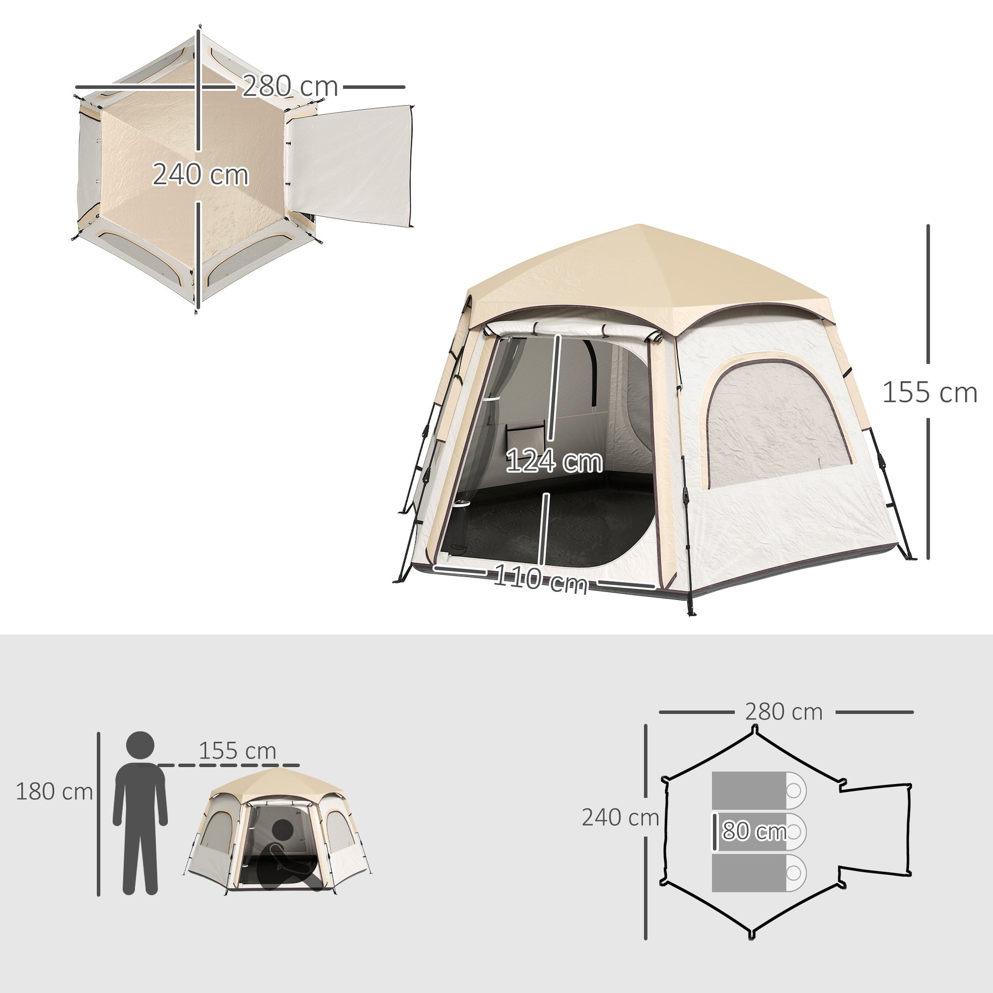 Tenda de Campismo para 2-3 Pessoas Tenda de Campismo Dobrável com Fácil Instalação Janelas de Rede Gancho e Bolsa de Transporte Proteção UV Impermeável para Caminhadas 280x240x155 cm Branco e Bege