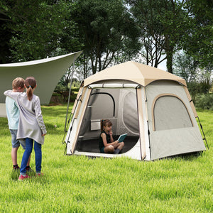 Tenda de Campismo para 2-3 Pessoas Tenda de Campismo Dobrável com Fácil Instalação Janelas de Rede Gancho e Bolsa de Transporte Proteção UV Impermeável para Caminhadas 280x240x155 cm Branco e Bege