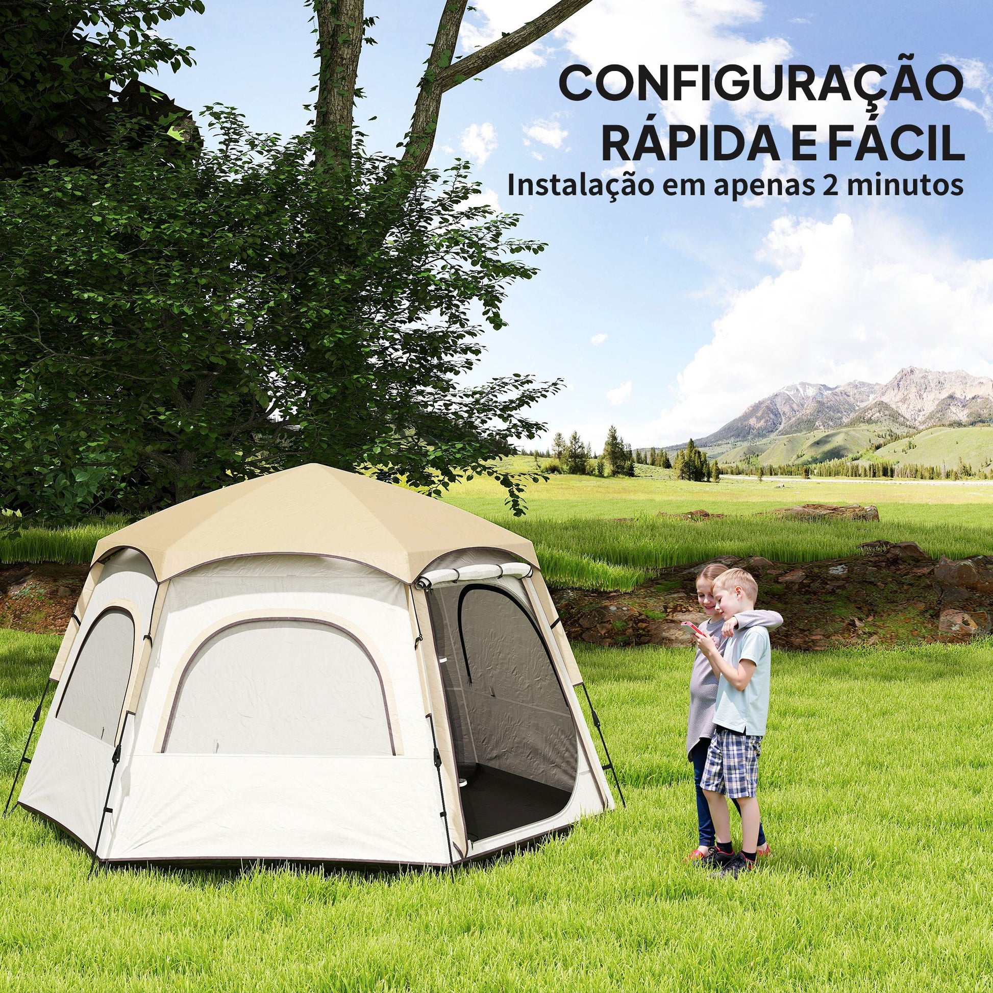 Tenda de Campismo para 2-3 Pessoas Tenda de Campismo Dobrável com Fácil Instalação Janelas de Rede Gancho e Bolsa de Transporte Proteção UV Impermeável para Caminhadas 280x240x155 cm Branco e Bege