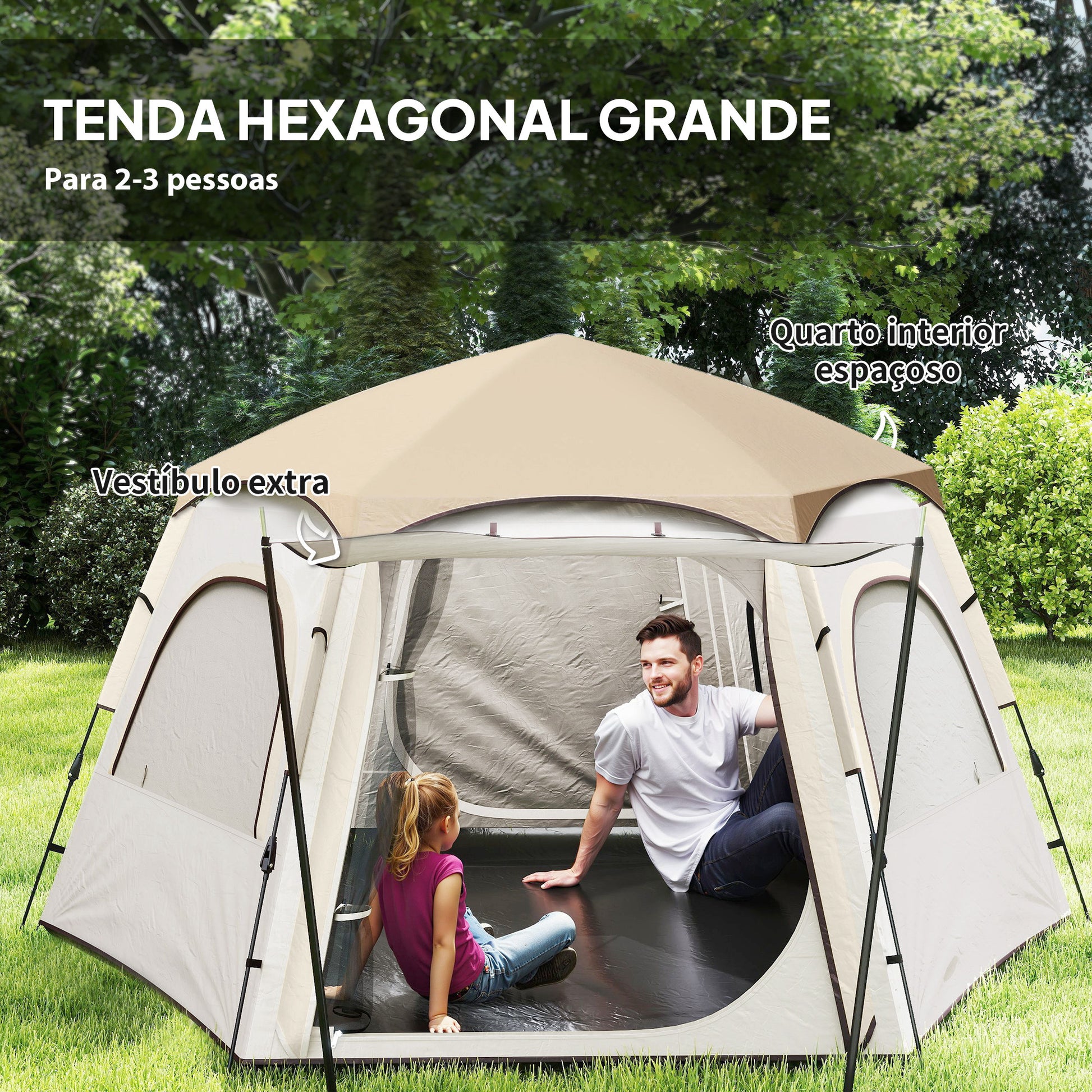 Tenda de Campismo para 2-3 Pessoas Tenda de Campismo Dobrável com Fácil Instalação Janelas de Rede Gancho e Bolsa de Transporte Proteção UV Impermeável para Caminhadas 280x240x155 cm Branco e Bege