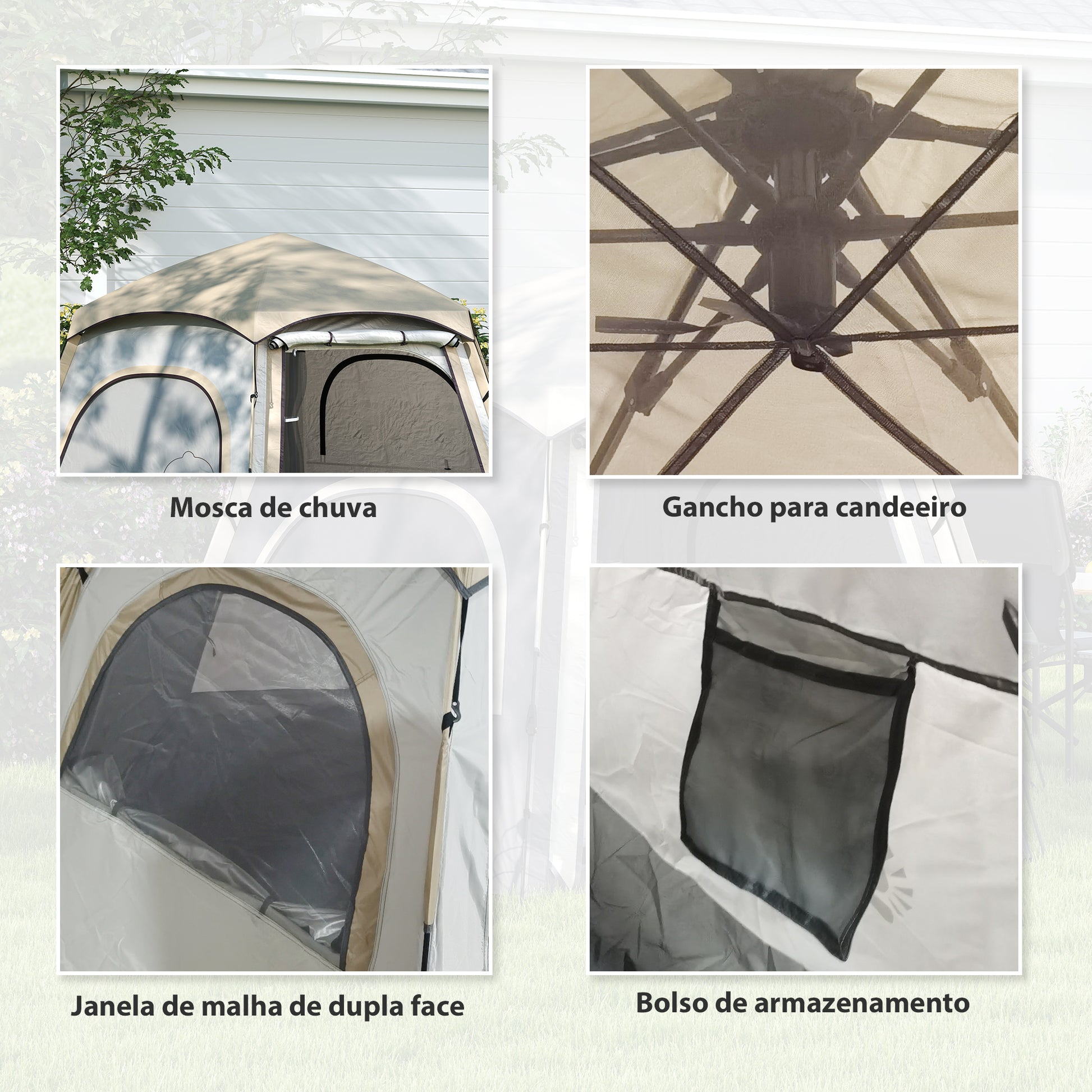 Tenda de Campismo para 2-3 Pessoas Tenda de Campismo Dobrável com Fácil Instalação Janelas de Rede Gancho e Bolsa de Transporte Proteção UV Impermeável para Caminhadas 280x240x155 cm Branco e Bege